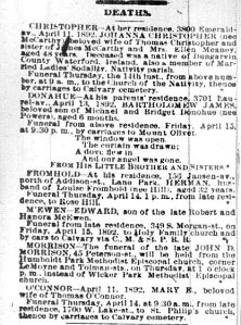 Chicago Daily News April 13, 1892  page 9 - deaths