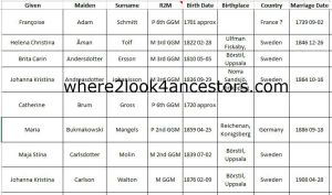 Genealogy at a Glance spreadsheet sorted alphabetically by maiden name