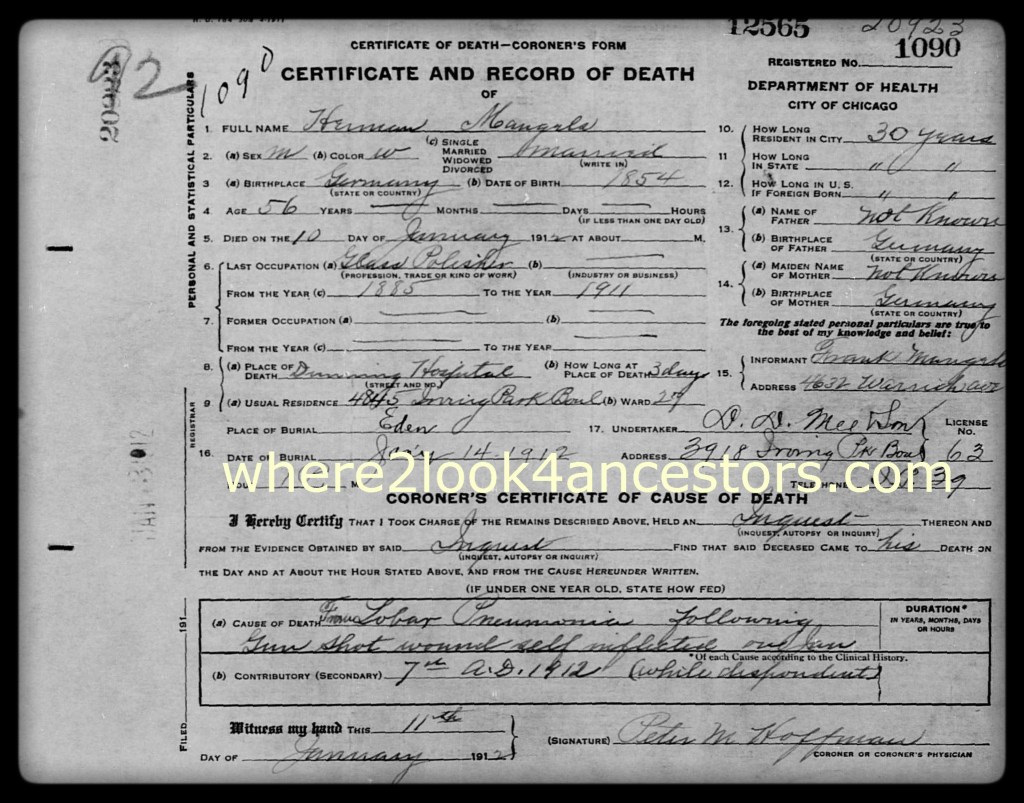 Herman Mangels' death certificate