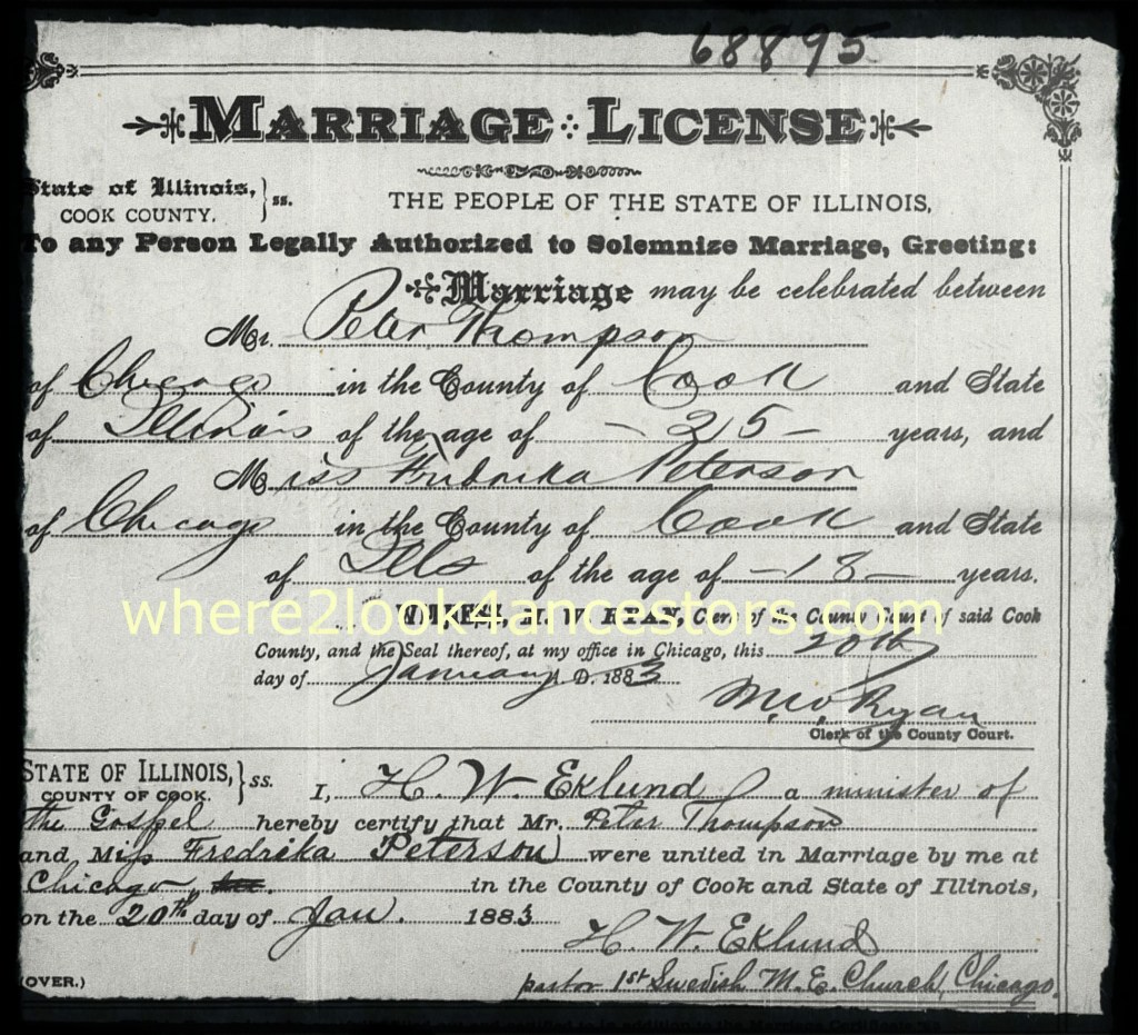 1883 marriage certificate of Peter Thompson and Maria Peterson