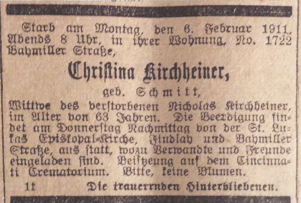 1911 02-08 Obit Cincinnati Volksblatt pg 8 col 4.jpg
