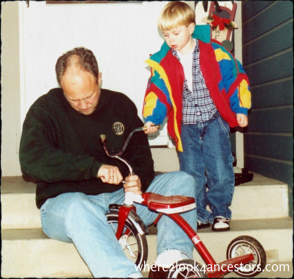 Grandpa fixes bike at http://where2look4ancestors.com