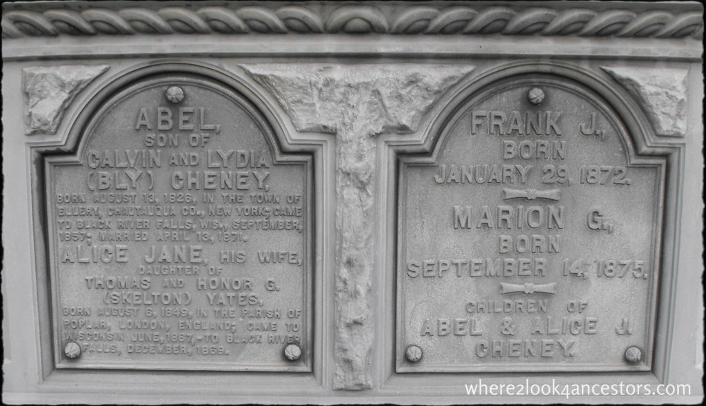 The Cheney family monument in Riverside Cemetery, Black River Falls Wisconsin