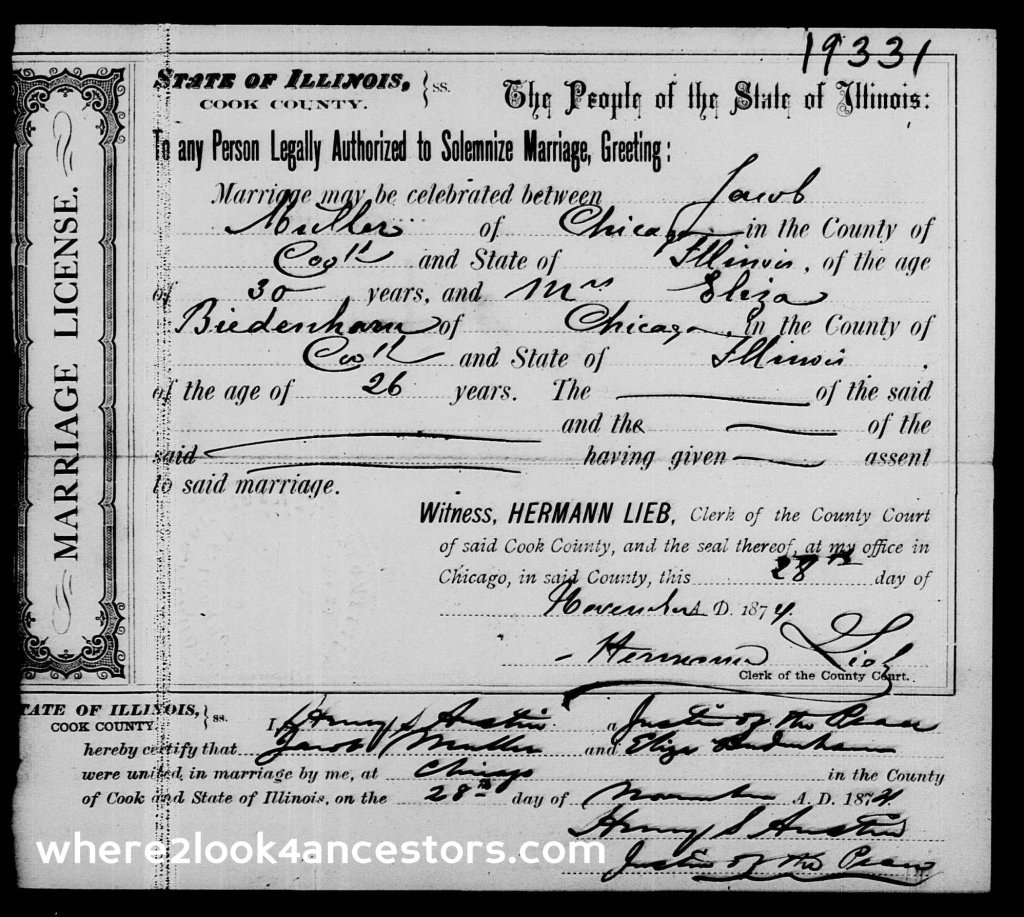 1874 11-28 MC Mueller, Jacob and Biedenharn, Eliza - Copy